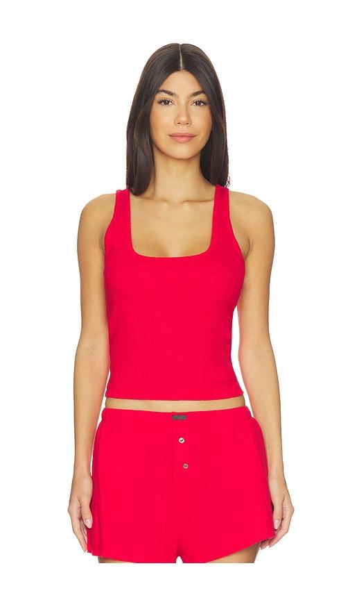 lunya pointelle scoop neck tank in red.