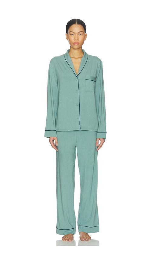 lunya slumberknit button down pant set in green.