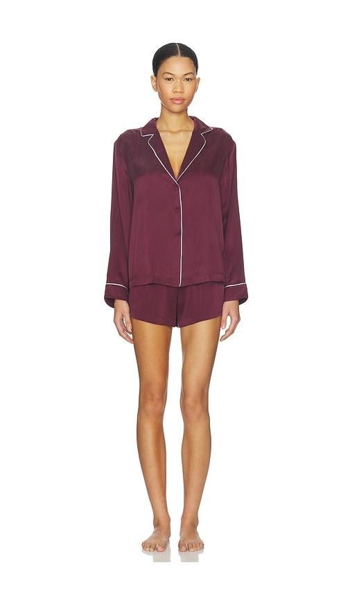 lunya washable silk piped button up long sleeve short set in burgundy.