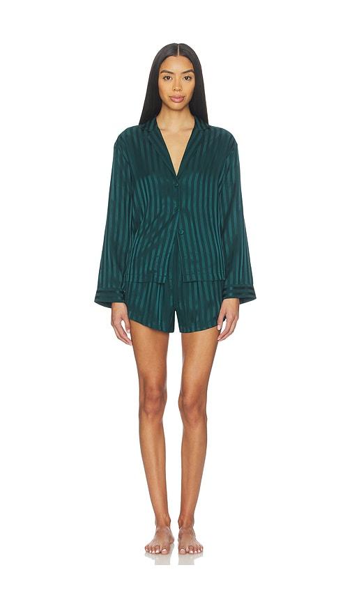 lunya washable silk striped jacquard button up long sleeve short set in dark green.