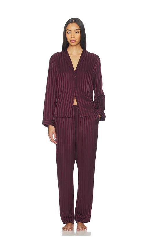 lunya washable silk striped jacquard long sleeve pant set in wine.