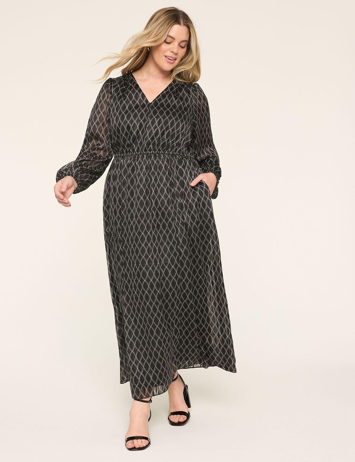 lurex long-sleeve v-neck chiffon maxi dress