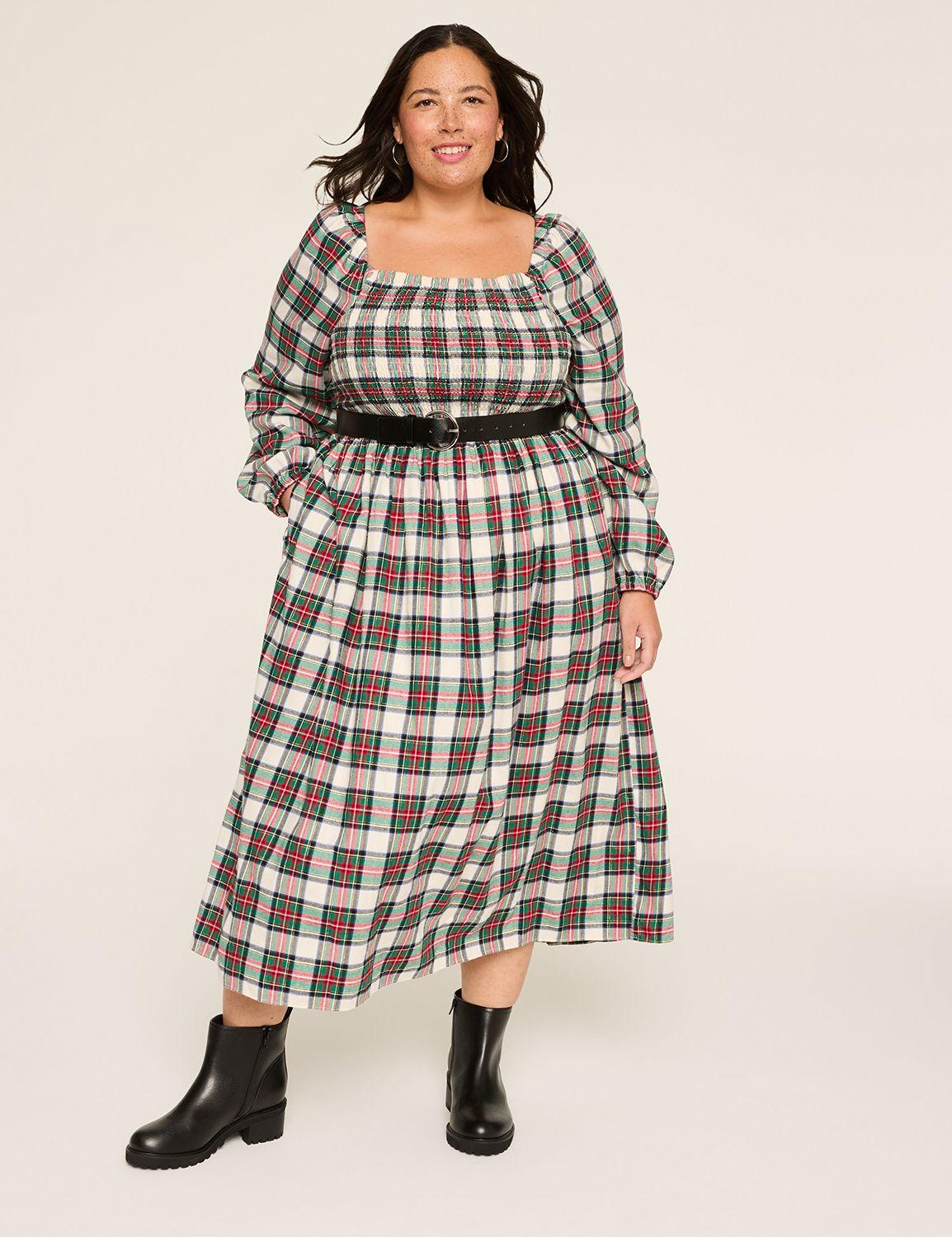 lurex square-neck smocked-bodice plaid midi dress