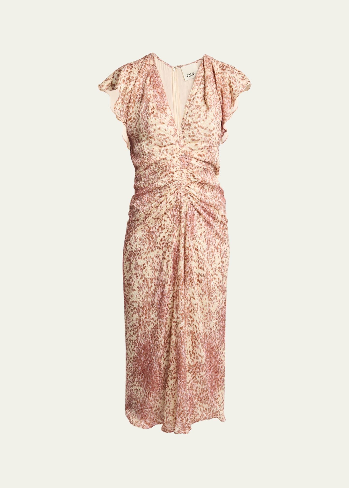 lyndsay spotted velvet burnout flutter-sleeve midi dress