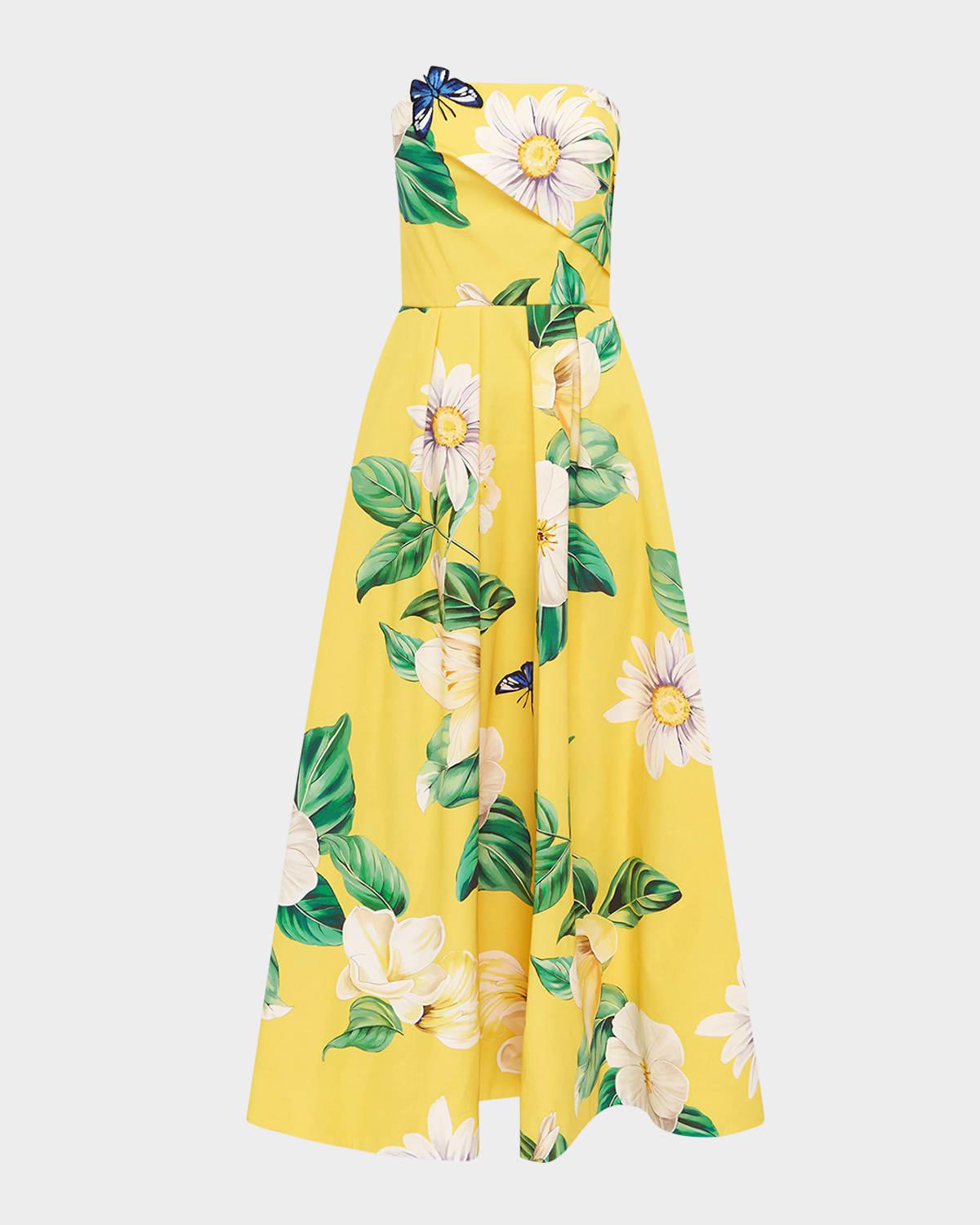 lynn pleated floral-print bustier midi dress