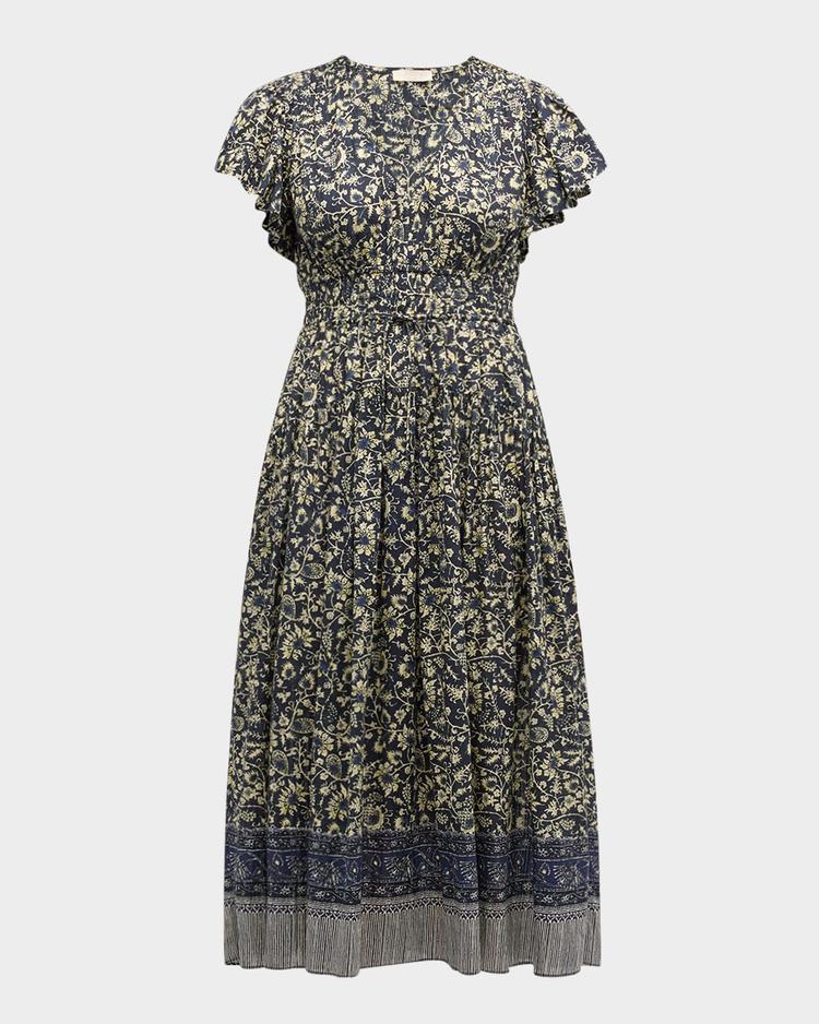 lyria flutter-sleeve floral midi dress