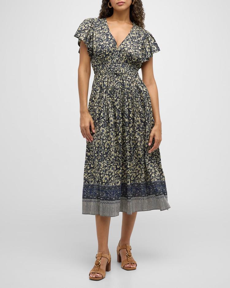 lyria flutter-sleeve floral midi dress