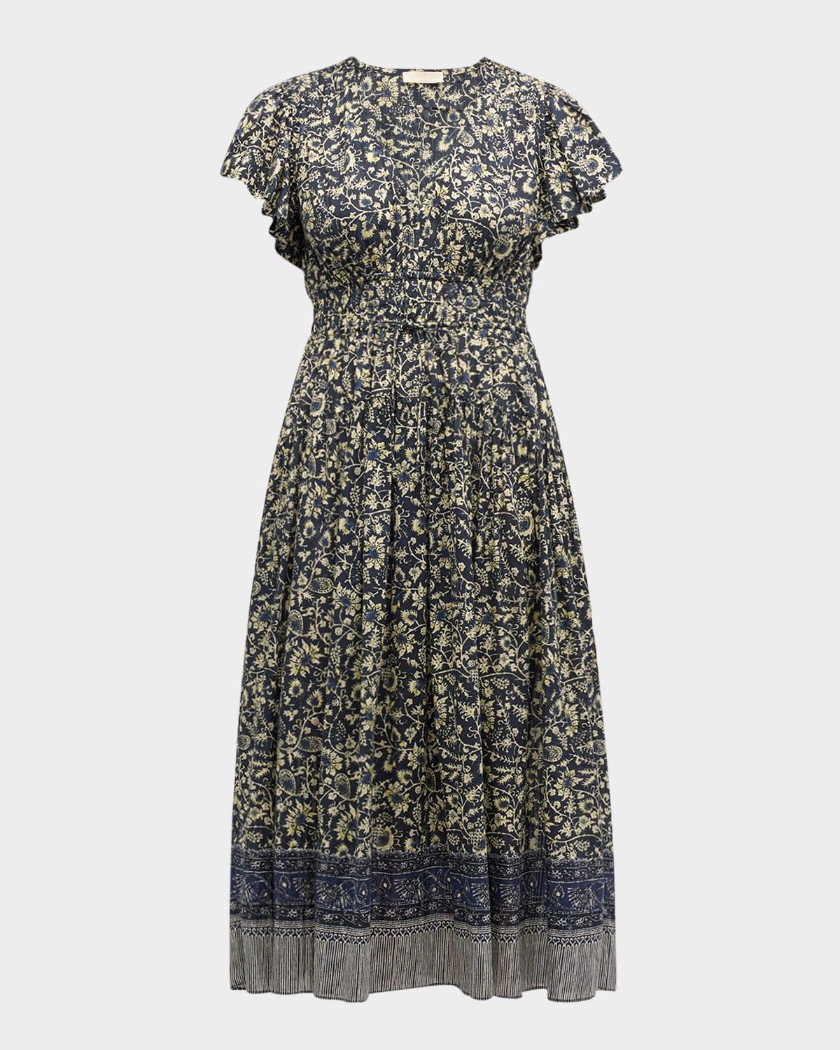 lyria flutter-sleeve floral midi dress