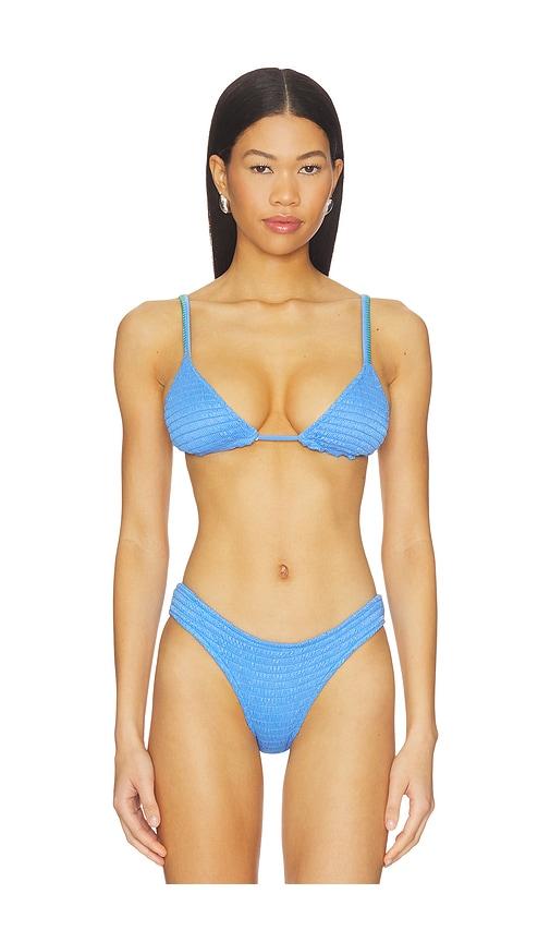 maaji ocean drift row bikini top in blue.