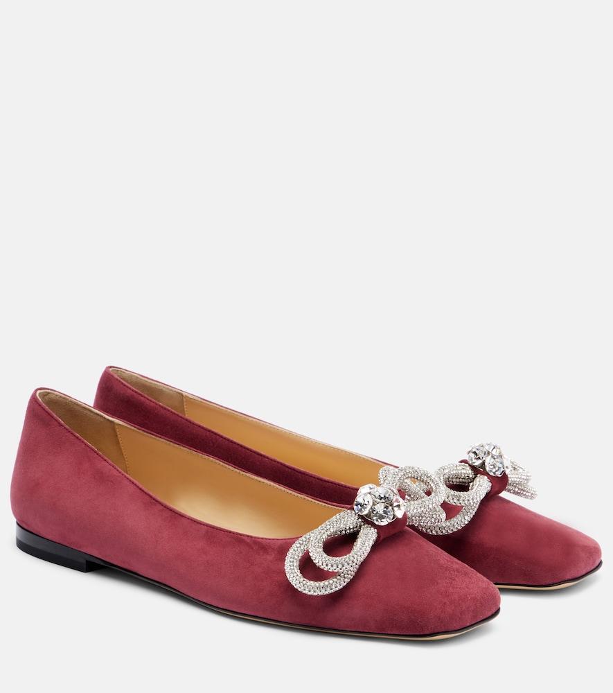 mach & mach double bow embellished suede ballet flats