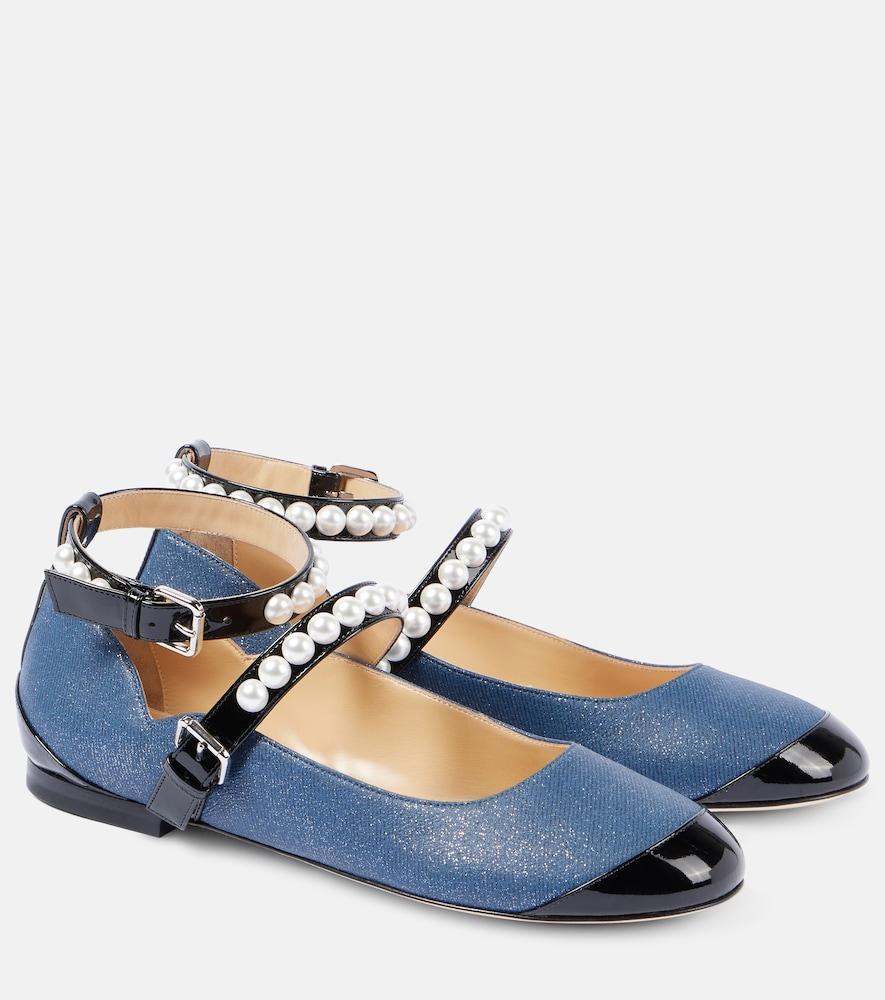 mach & mach embellished denim mary jane flats
