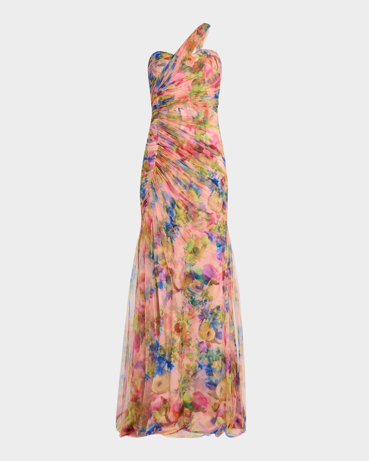 macie ruched floral-print tulle gown