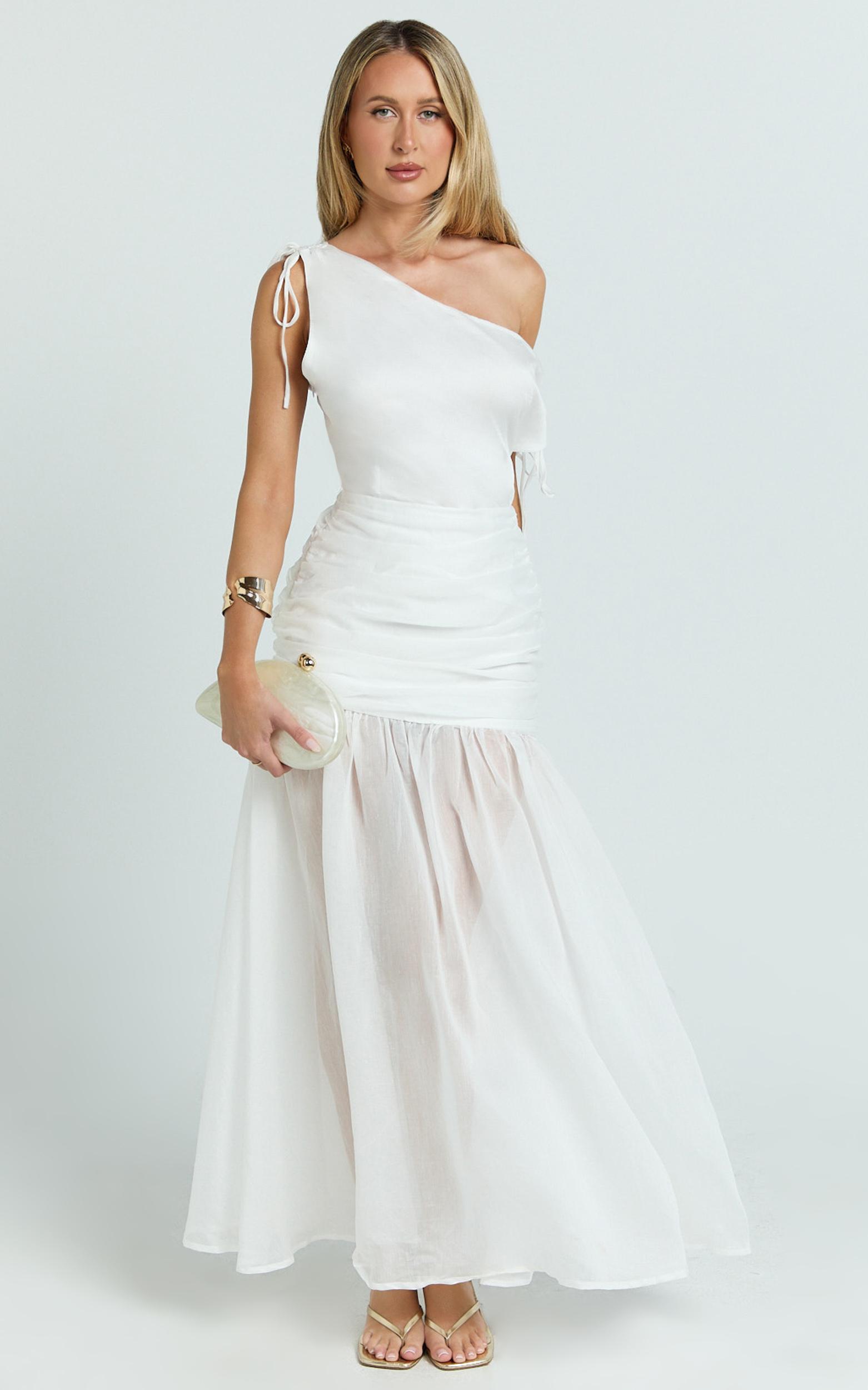 mackenzie midi dress - tipped shoulder drop waist full gathered skirt dress in white