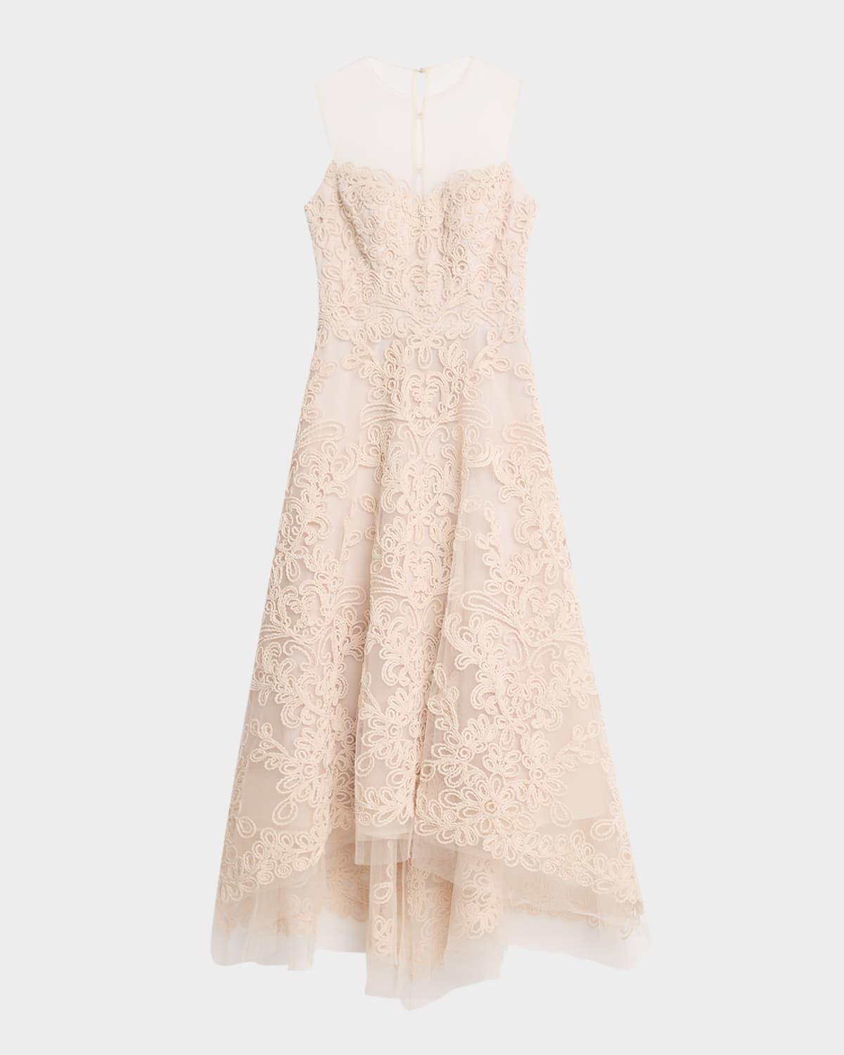macrame-embroidered illusion maxi dress