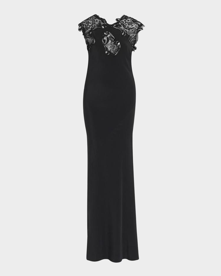 macrame lace crepe de chine gown