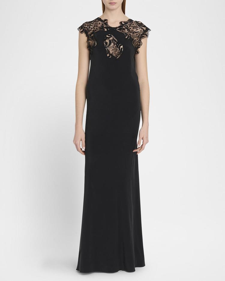 macrame lace crepe de chine gown