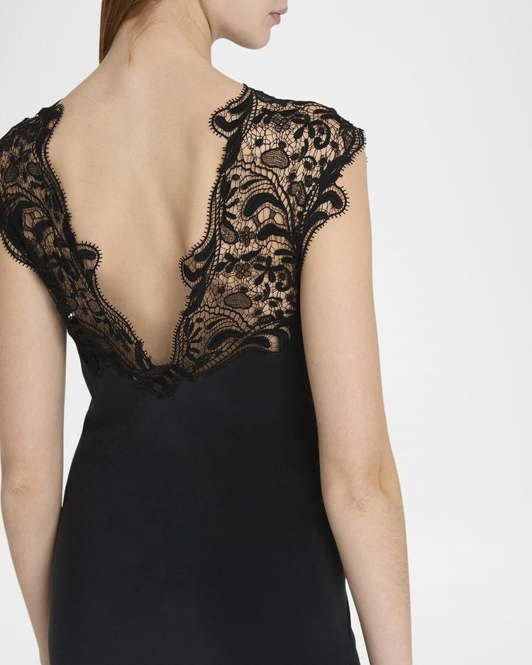 macrame lace crepe de chine gown