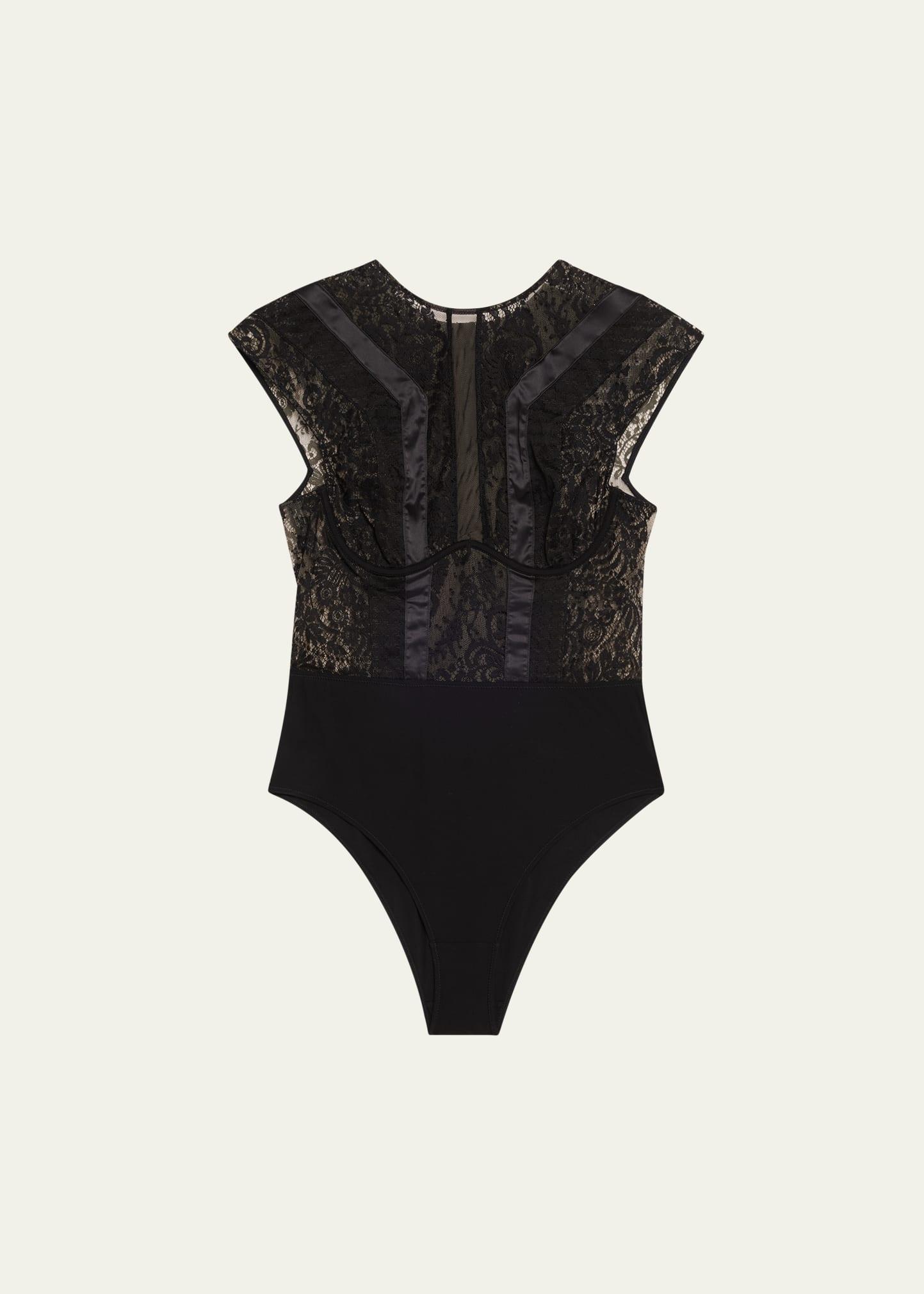 macy cap-sleeve lace & satin bodysuit