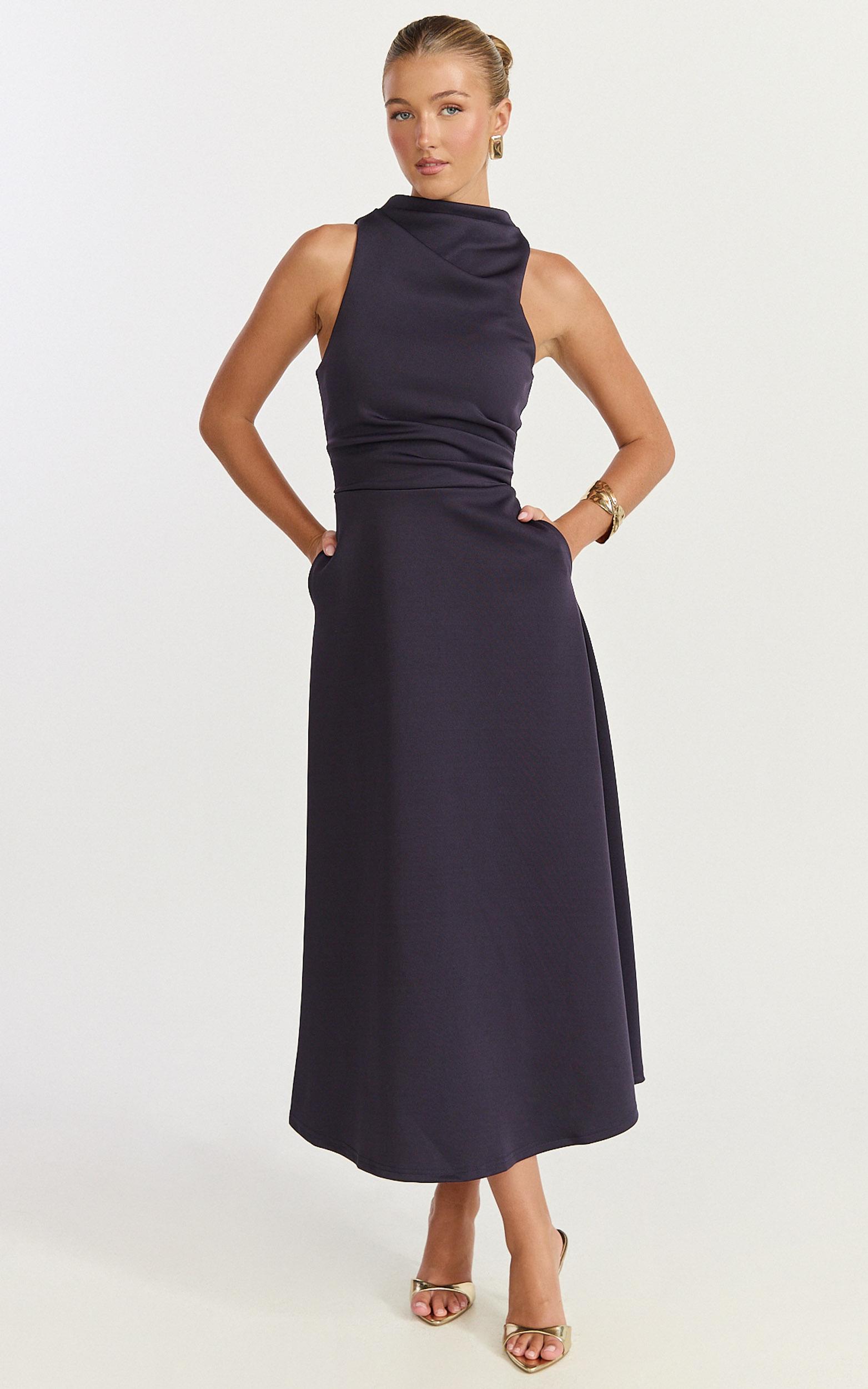 macy midi dress - high neck a line dress in navy