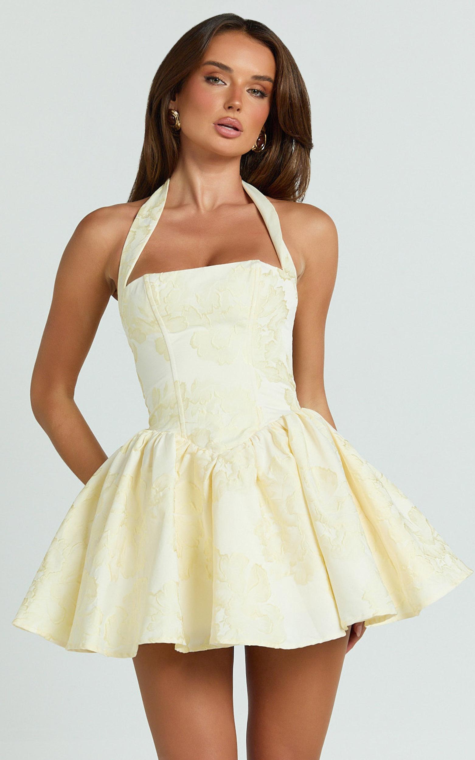 maddy mini dress - square neck halter fit and flare dress in lemon