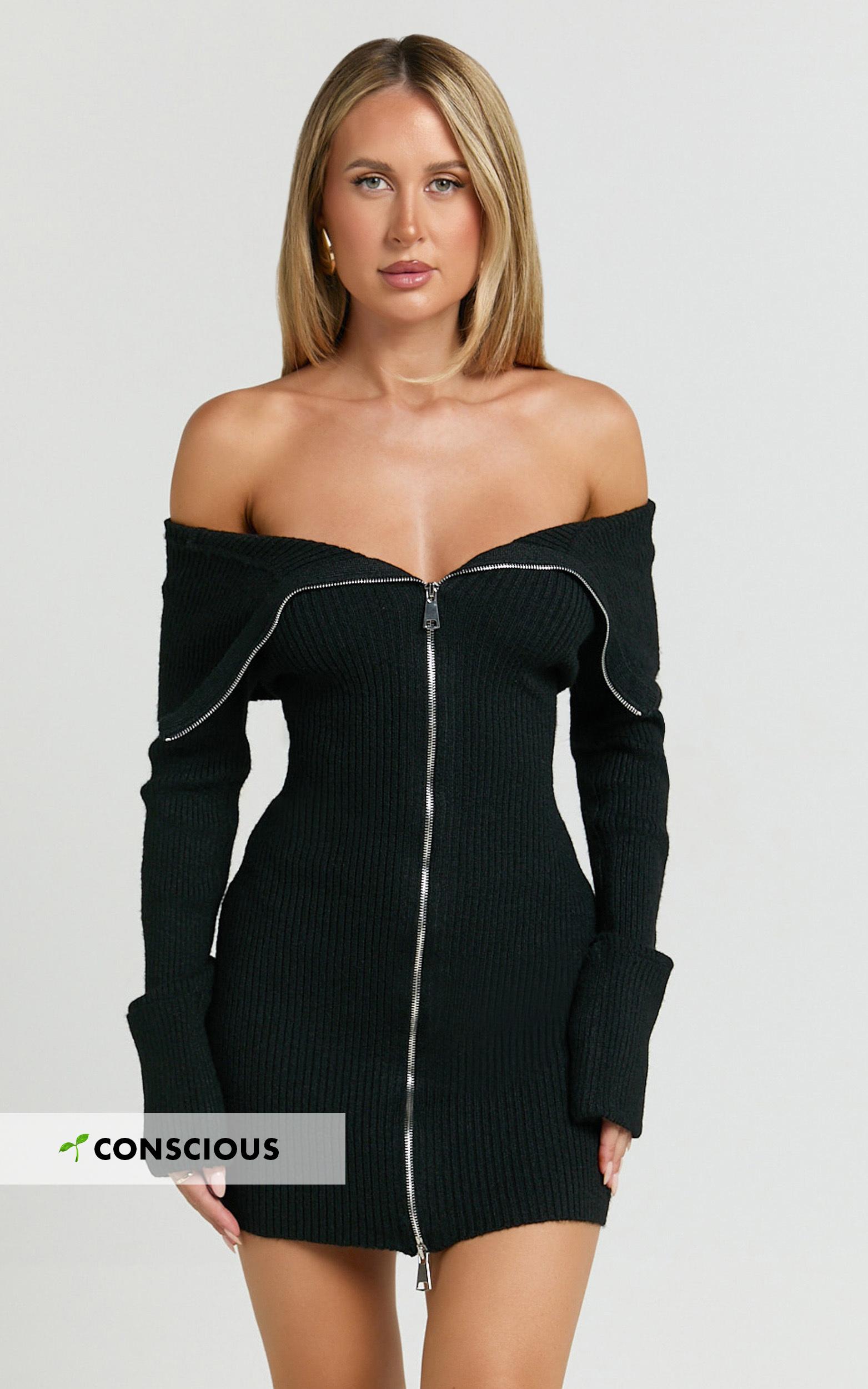 madeline mini dress - folded off shoulder double zip hardware front knit dress in black