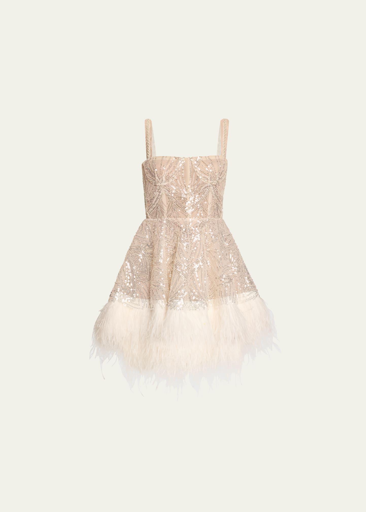 mademoiselle beaded feather-trim mini dress
