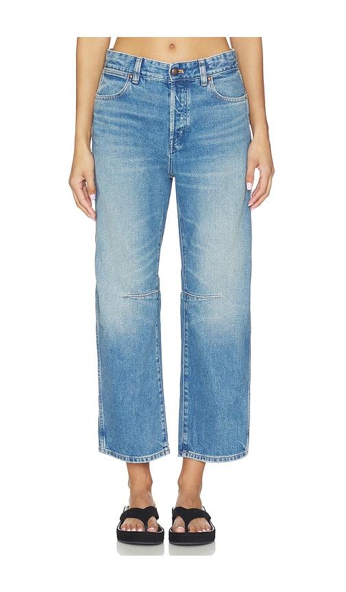 madewell darted barrel jeans in blue.
