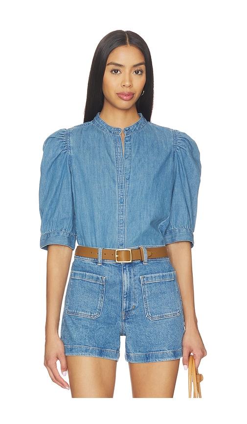 madewell denim puff sleeve band collar shirt in blue.