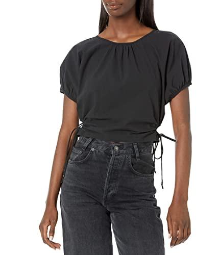 madewell poplin puff-sleeve cutout cropped summer top – stretchable neckline – puff sleeves – 100% cotton true black 2xl (women's 18) one size