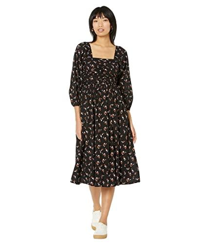 madewell puff-sleeve midi dress in woodland floral true black 2xs (women's 000)