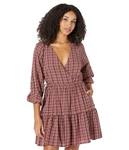 madewell seersucker wrap mini dress for women - split neckline and long sleeves, relaxed fit and comfortable mini dress dark merlot md (women's 6-8) one size