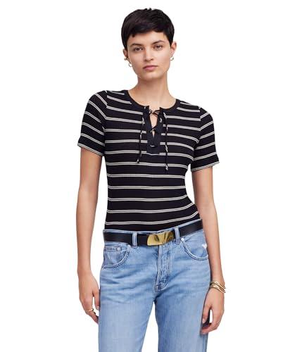 madewell women's lace up short sleeve stripe, jet black