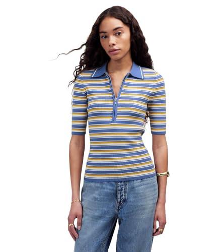 madewell women's remi cotton compact zip polo, delphinium stripe