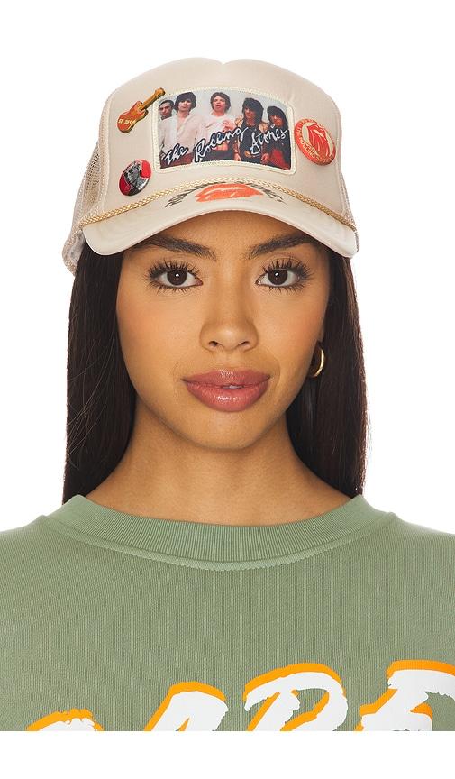 madeworn rolling stones trucker hat in cream.