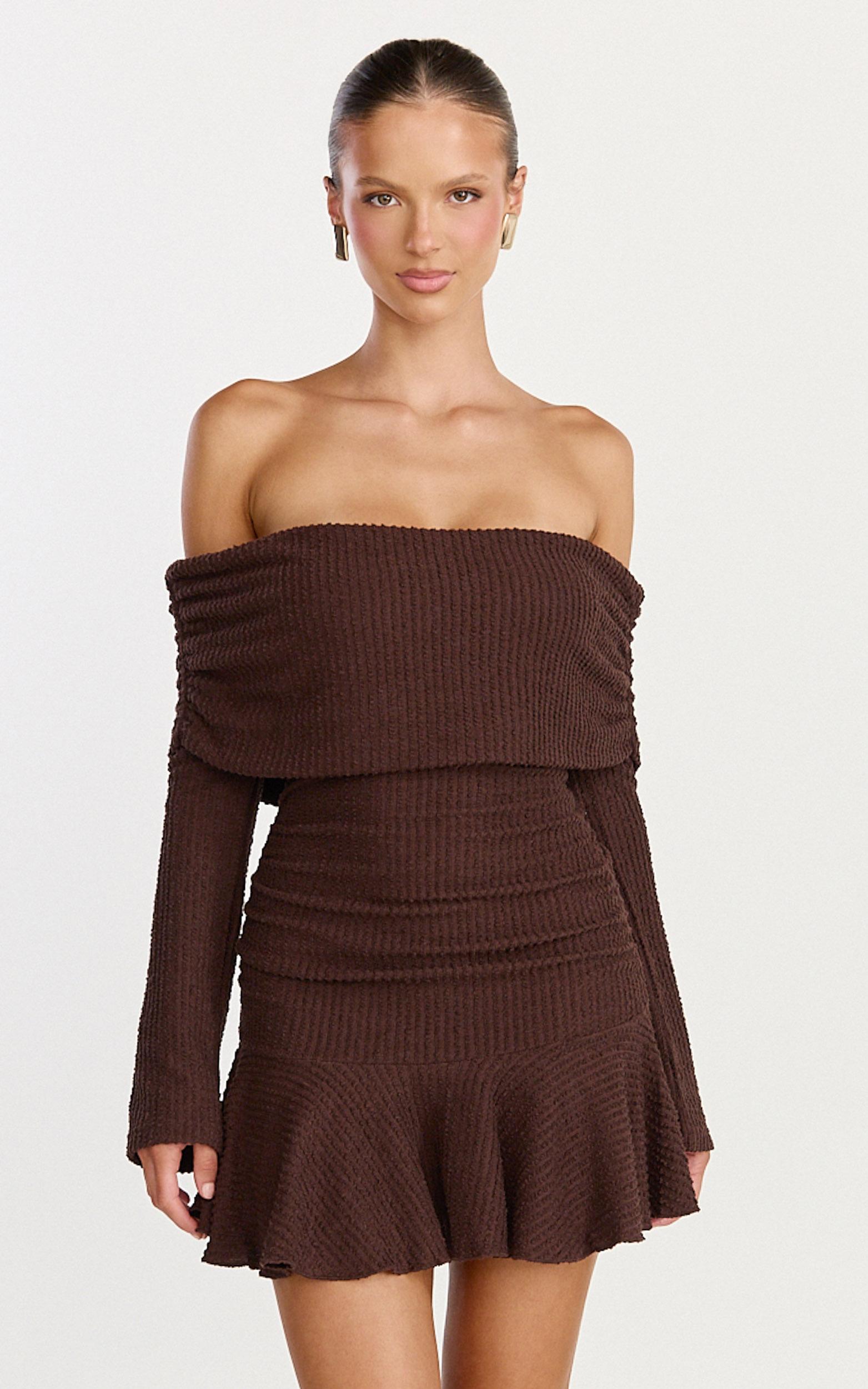 maeve mini dress - off shoulder long sleeve fit and flare mini dress in chocolate