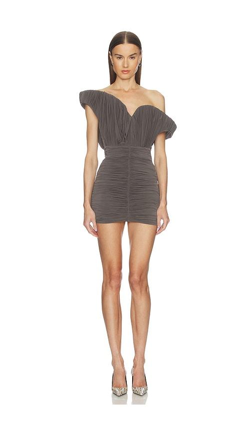 magda butrym asymmetric off the shoulder dress in taupe.