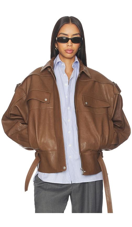 magda butrym belted leather bomber jacket in brown.