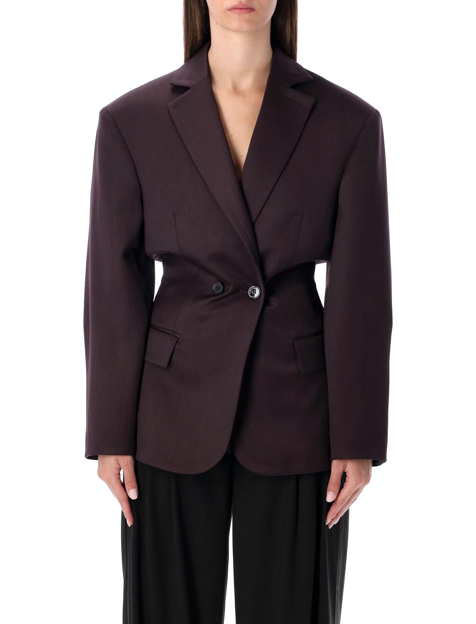 magda butrym burgundy belted double-breasted blazer