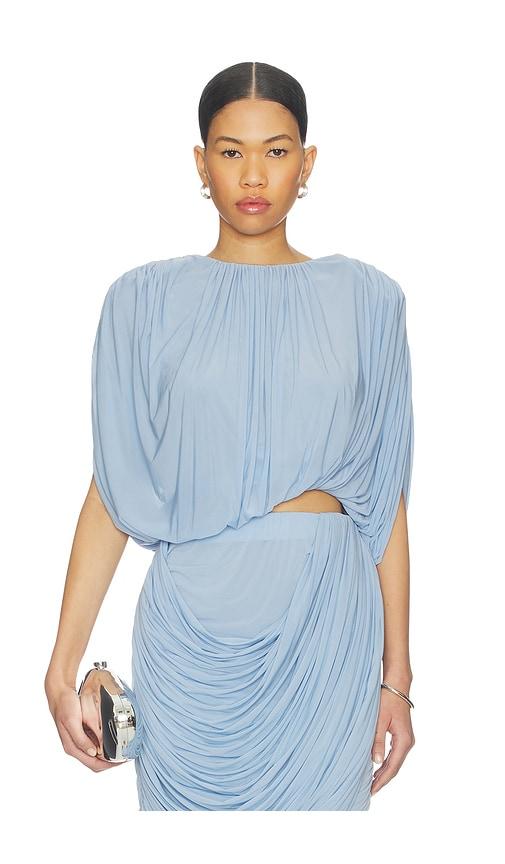 magda butrym draped blouse in baby blue.