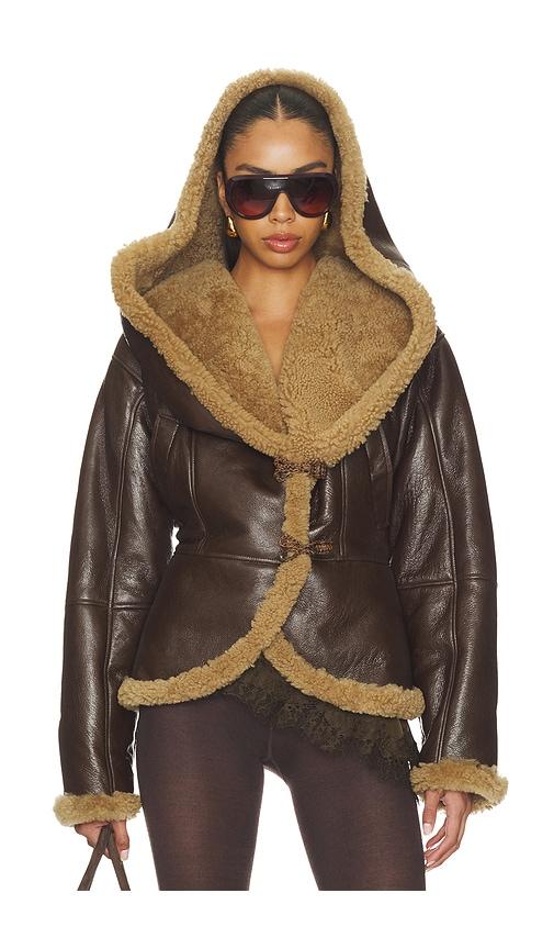 magda butrym leather shearling hooded jacket in brown.