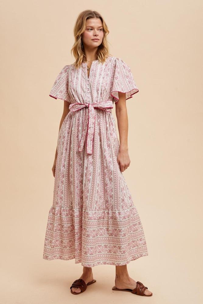 magenta floral flutter sleeve waist tie maxi dress
