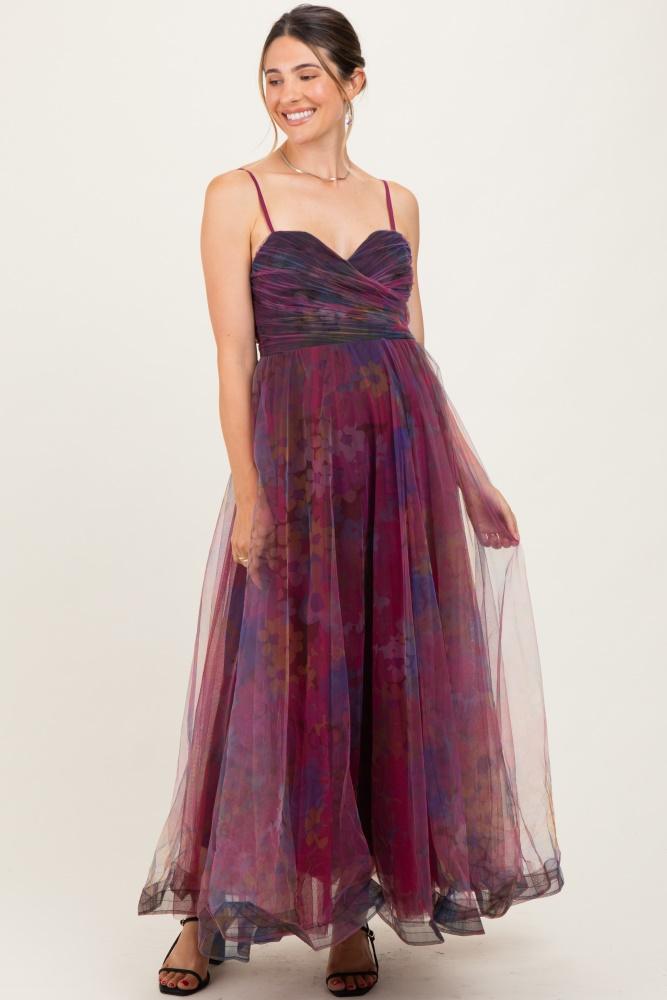 magenta floral mesh tulle overlay maternity maxi dress