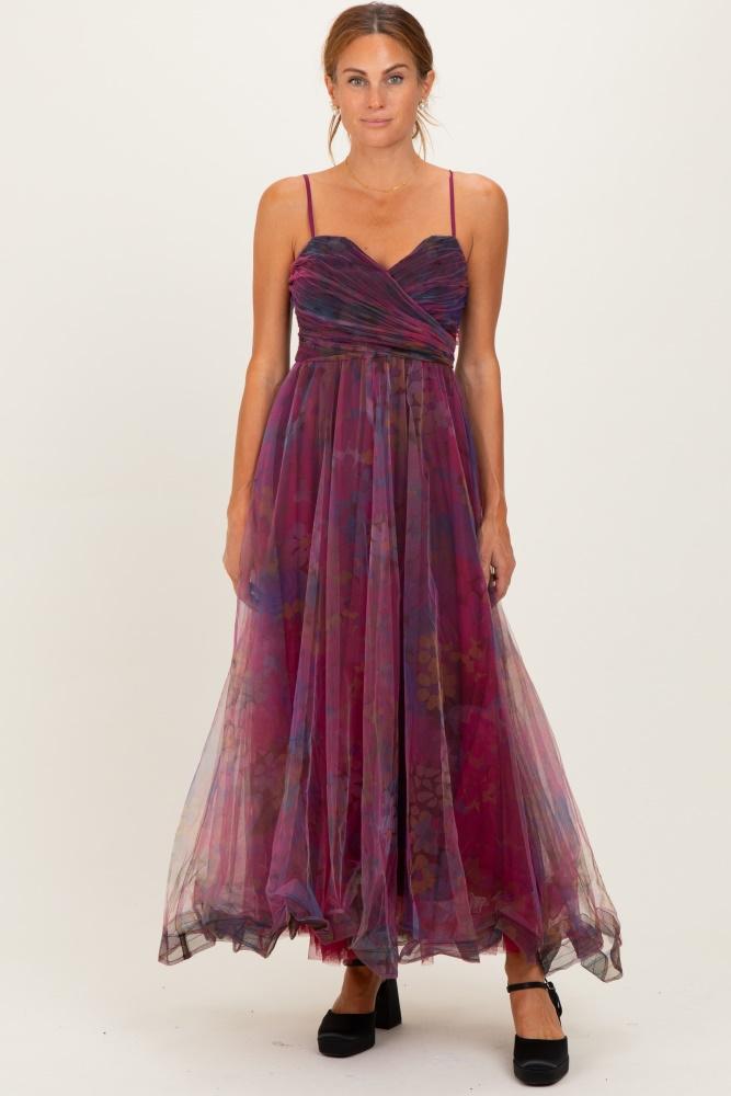 magenta floral mesh tulle overlay maxi dress