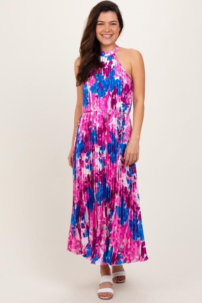 magenta floral satin pleated halter neck midi dress