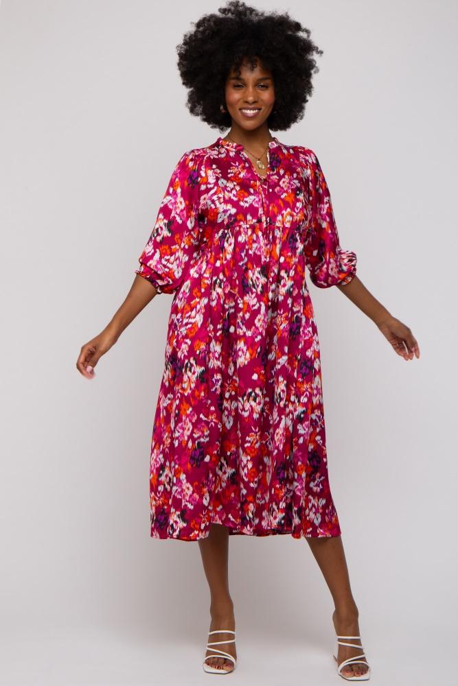 magenta floral satin ruffle neck midi dress