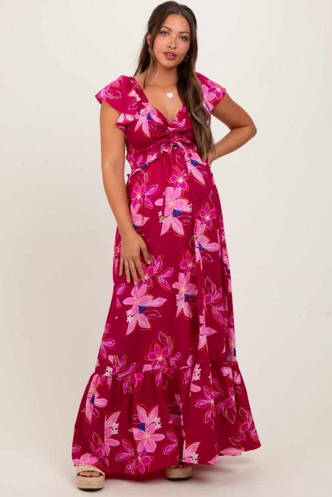 magenta floral smocked cinched top maternity maxi dress