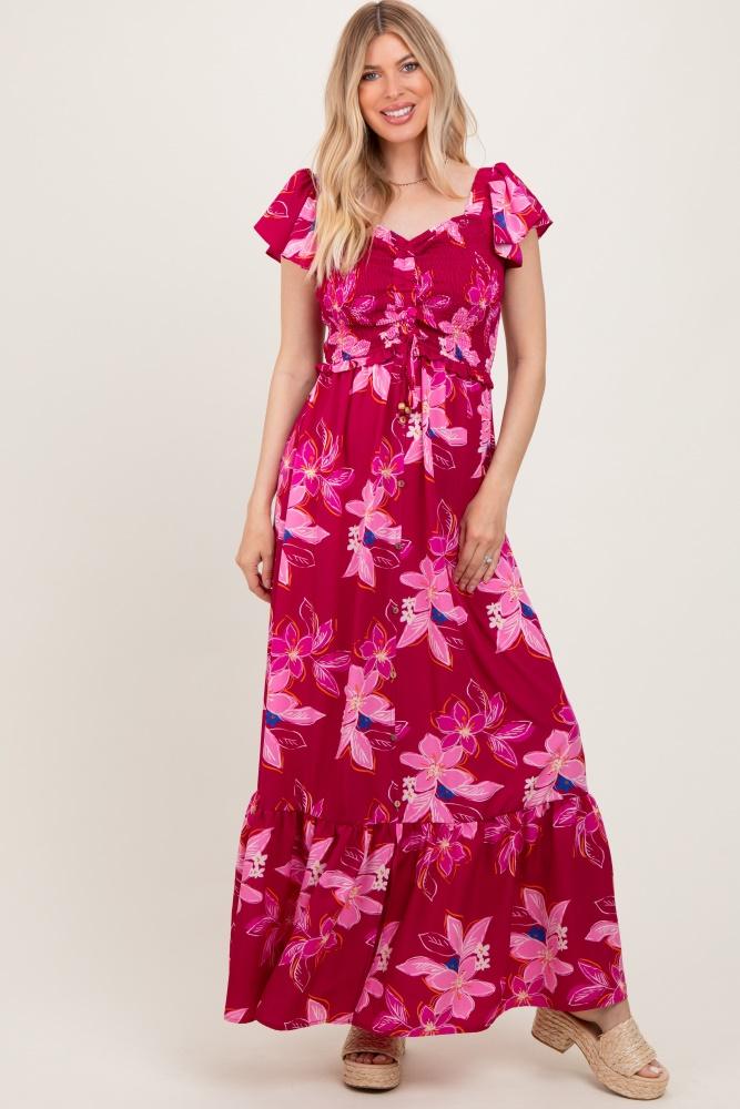 magenta floral smocked cinched top maxi dress