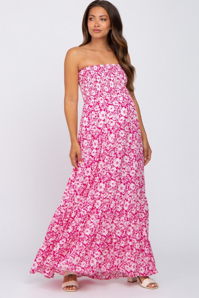 magenta floral strapless smocked maternity maxi dress