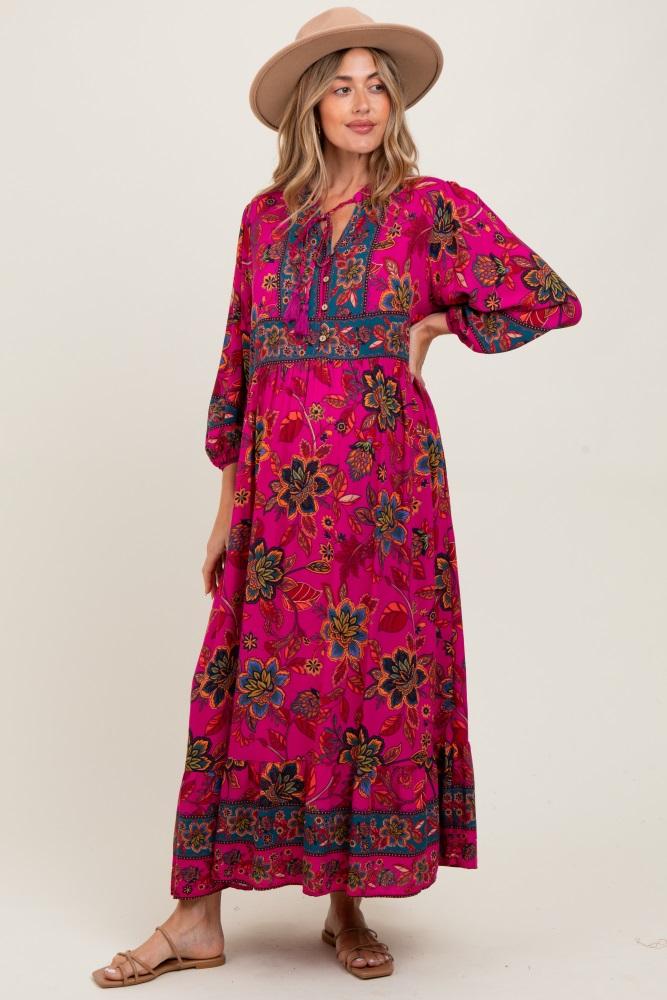 magenta floral tassel tie long sleeve maternity maxi dress
