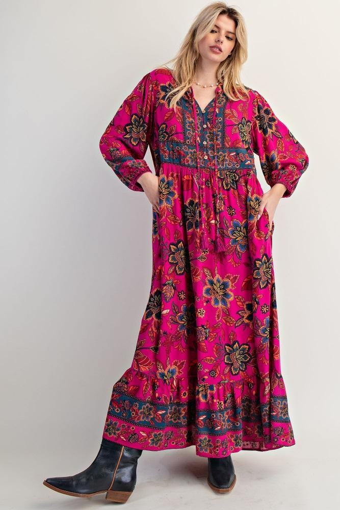 magenta floral tassel tie long sleeve maxi dress